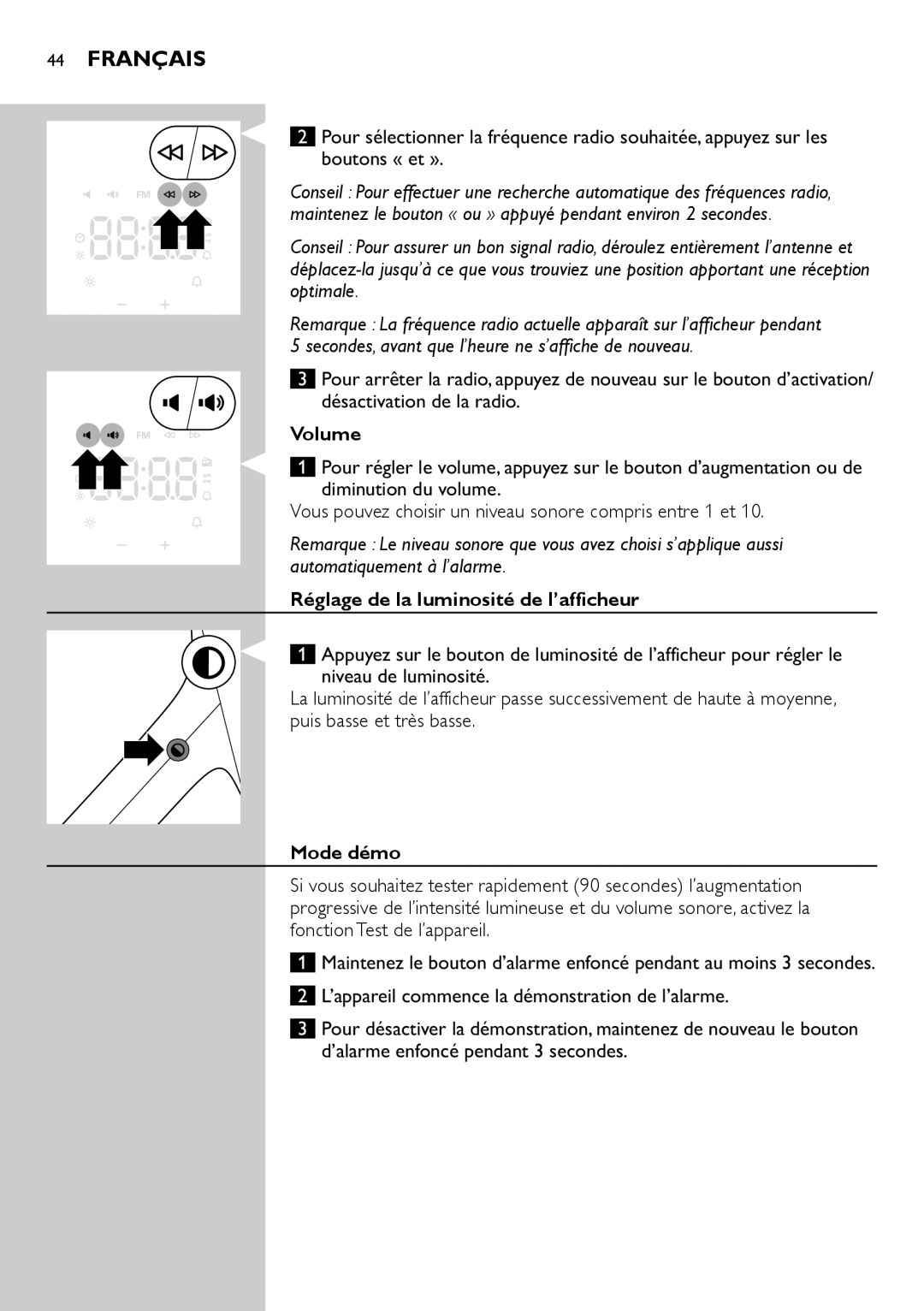 Philips HF3505, HF3500 manual Désactivation de la radio. , Réglage de la luminosité de l’afficheur, Mode démo 